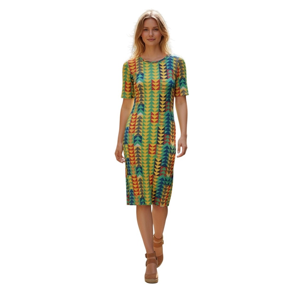 LuLaRoe NWT Julia Dress S Geometric Print Yellow Midi Short Sleeve Bodycon